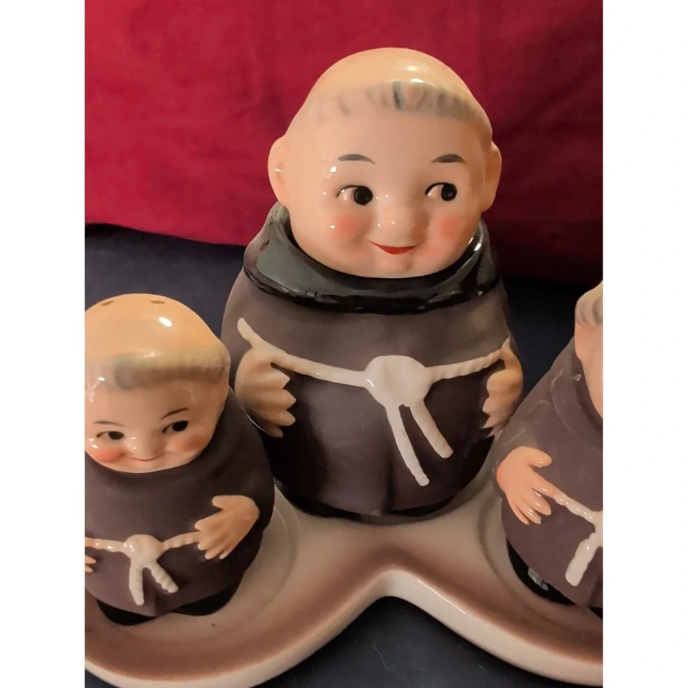 VINTAGE SALT, PEPPER, SUGAR W/ STAND COMPLETE MONK SET - WEST GERMANY Goebel.